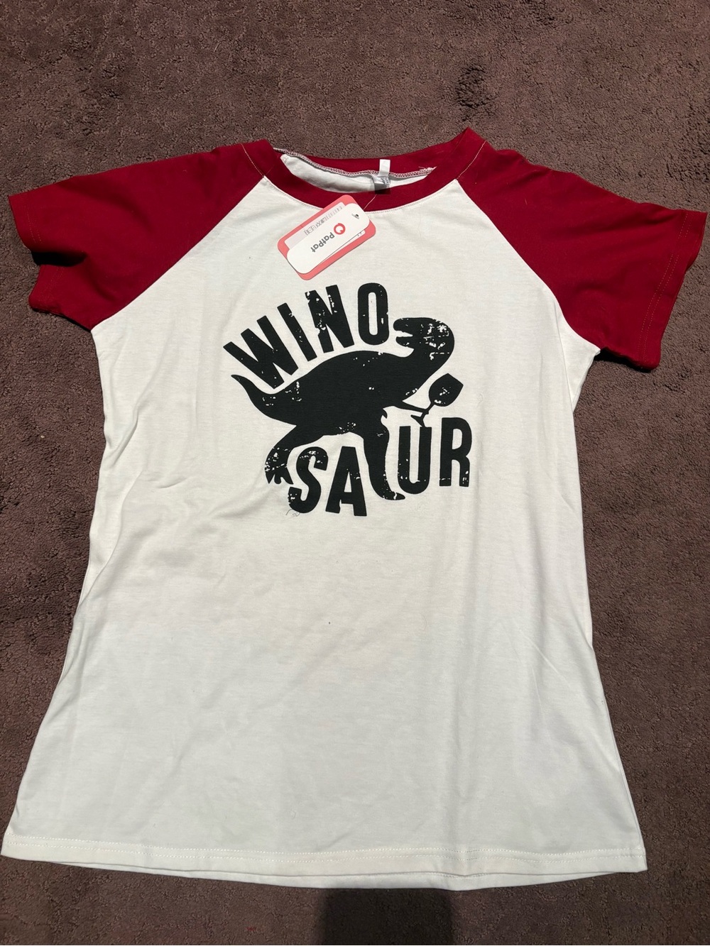 PatPat White Tee with Red Raglan Sleeves and Winosaur Graphic